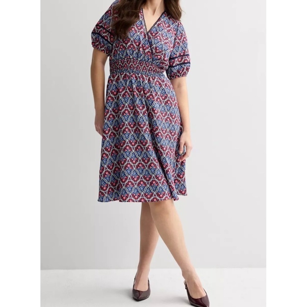 Draper James Pink Blue Floral Short Sleeve Smocked Waist Summer Midi Dress XXL